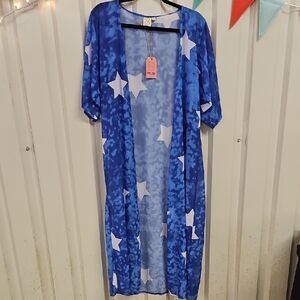 Blue and White Floral Swim Coverup with Open Front
